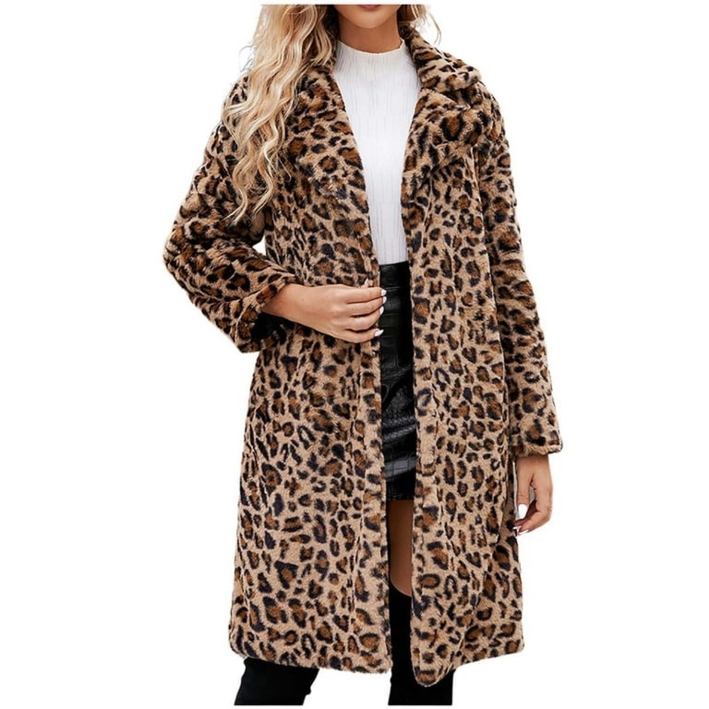 Plus Size Leopard Print Lapel Fuzzy Coat, Casual Long Sleeve Plush Outerwear